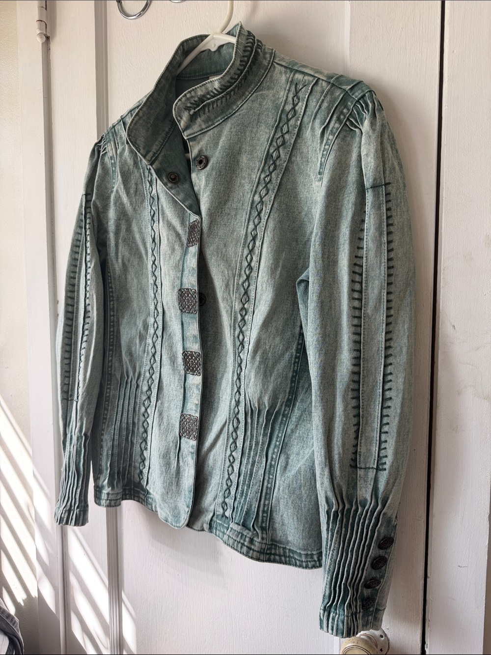 DG2 by Diane Gilman Sage Green Washed Denim Jacket with Embroidered Trim